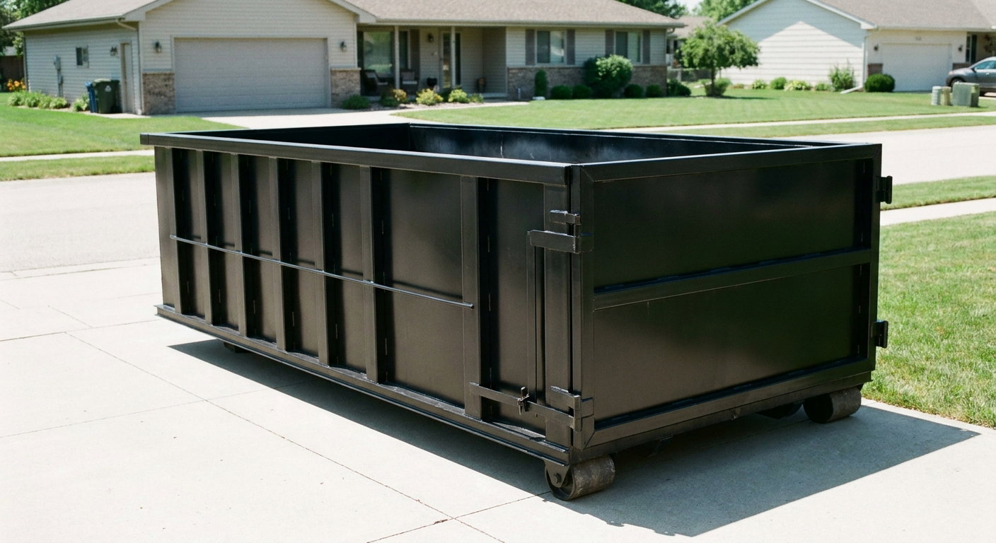 Matte-black 10-yard roll-off dumpster on a residential concrete driveway in Lafayette, uniformly painted matte black across every panel and rail, ribbed steel sidewalls and rear swing door visible, mid-day daylight.