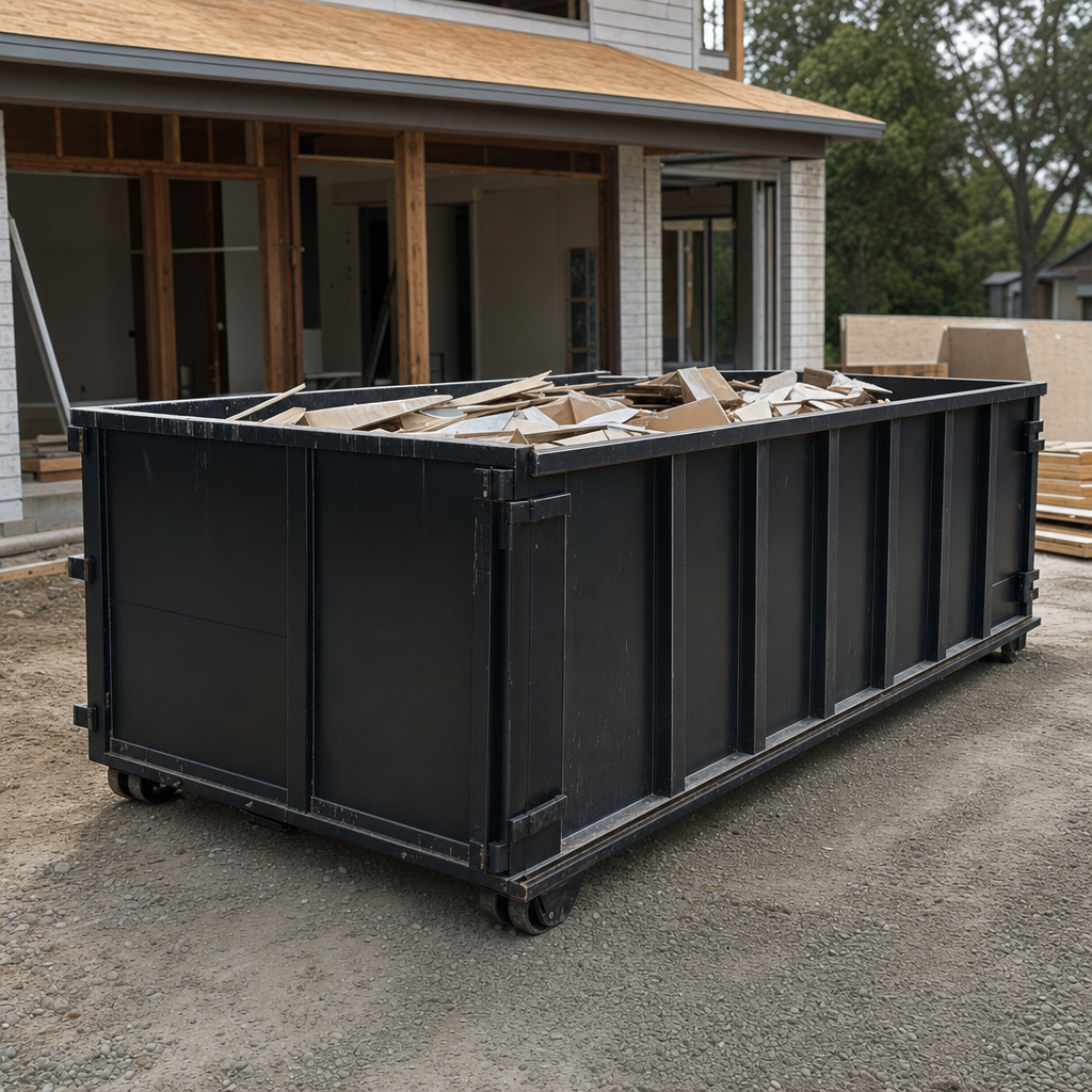 Large matte-black 30-yard construction roll-off dumpster at an active Lafayette jobsite, steel-gray top rails and bottom rollers visible, loaded with construction debris.
