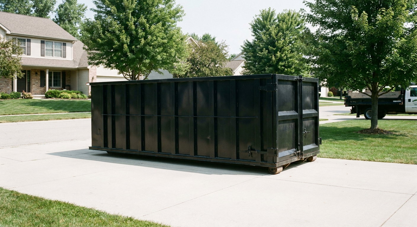 Matte-black 20-yard roll-off dumpster sitting level on a clean Lafayette residential concrete driveway under bright daylight, demonstrating clean placement directly on the concrete.